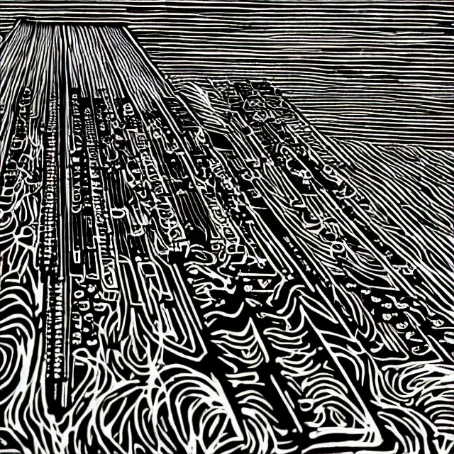 Image similar to psychodelic linocut of a moog synthesizer