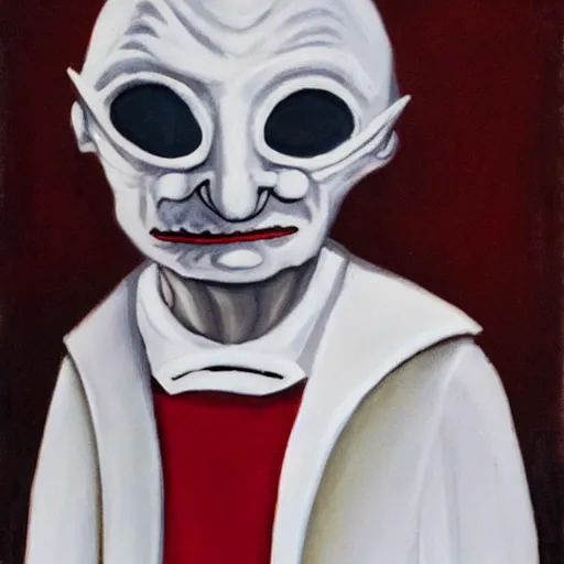 Image similar to pulcinella looks like mr burns, white clothing, mask, painted by antoinette kelly