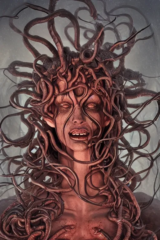 Image similar to medusa fused with a demon of dante´s inferno, photo, portrait, 3d, grotesque, terrifying, high details, intricate details, by vincent di fate, artgerm julie bell beeple, 90s, Smooth gradients, octane render, 8k, High contrast, duo tone, depth of field, very coherent symmetrical artwork