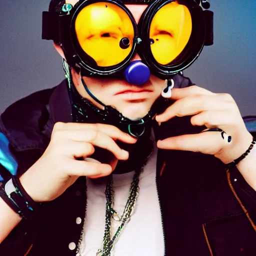 Prompt: kodak portra 4 0 0 photograph of a cybergoth guy wearing goggles and eclectic jewelry, telephoto, 9 0 s vibe, blurred background