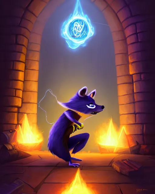 Prompt: 3 d model, highly detailed digital illustration portrait of hooded sorcerer sly cooper raccoon casting a magical glowing spell in a castle, action pose, d & d, magic the gathering, by rhads, lois van baarle, jean - baptiste monge,