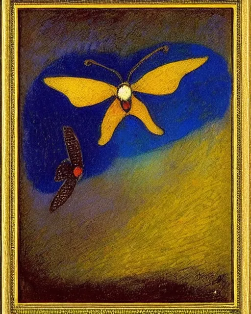 Prompt: calibri bird flies over the abyss Odilon Redon. Butterflies, around 1910