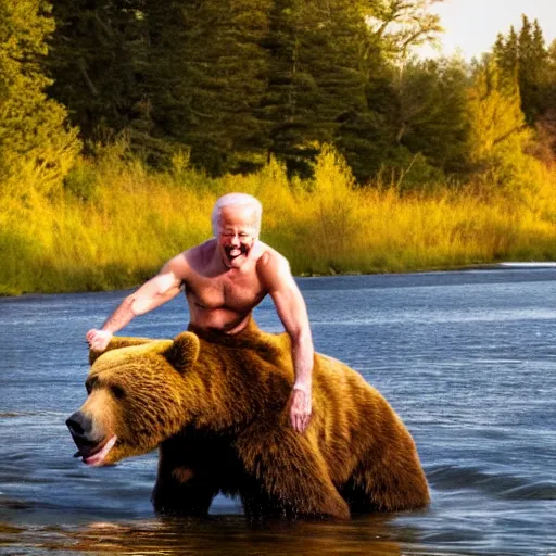 Prompt: high quality photograph of joe biden shirtless riding a bear across a river, golden hour