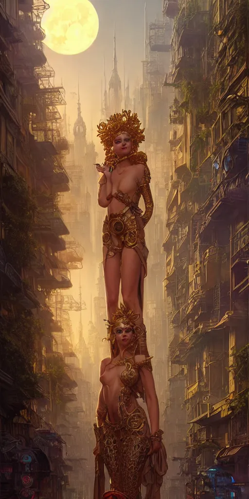 Image similar to golden ornate goddess looking at a hyper realistic cyberpunk city, busy crowded market street overtaken by lush plants, full moon, light rays, gnarly trees by tom bagshaw, mucha, gaston bussiere, craig mullins, j. c. leyendecker 8 k