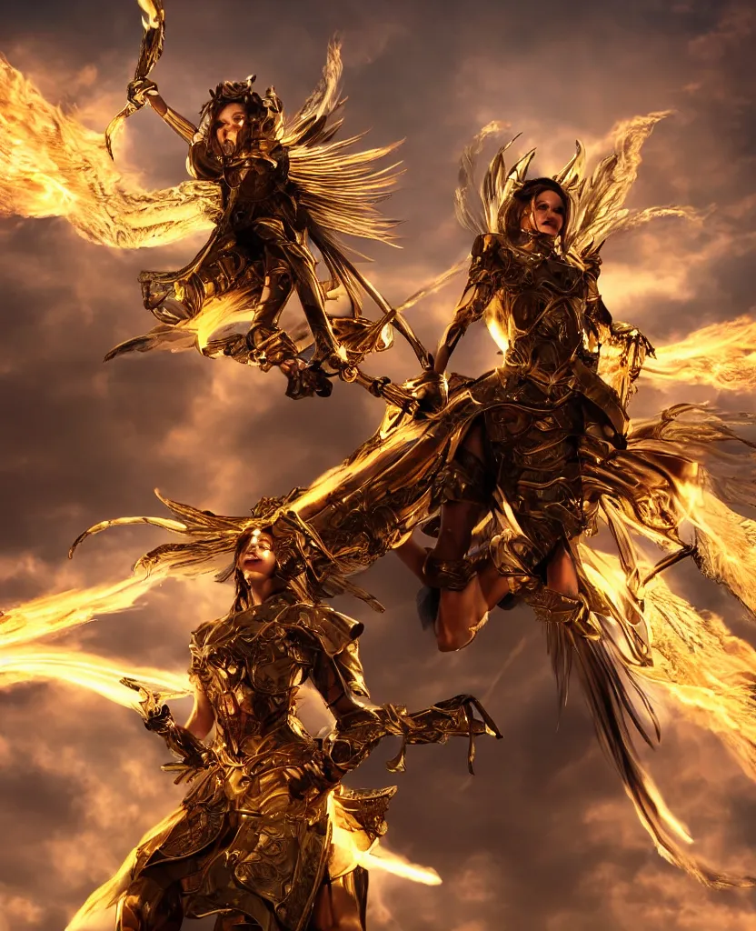 Image similar to A fiercely beautiful woman in golden angelic battle armor wielding a flaming sword, among heavenly clouds, long shot, wide shot, full shot, cinematic, epic, 4k, realism