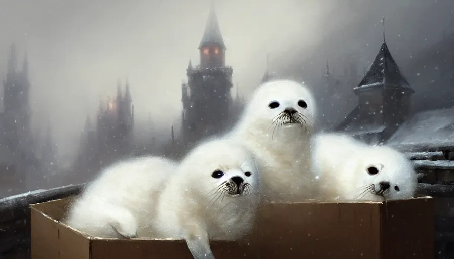 Prompt: highly detailed painting of cute furry white baby seals cuddled up in a cardboard box in a snowy cloudy sky castle by william turner, by greg rutkowski, by william constable, by greg tocchini, thick brush strokes and visible paint layers, 4 k resolution, retrowave colour scheme