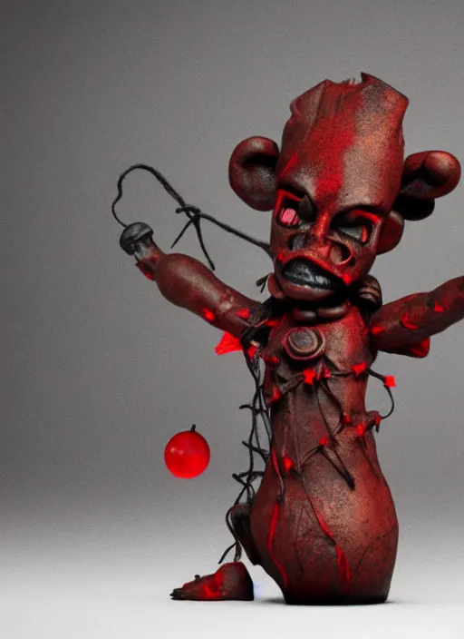 Prompt: an octane render of a voodoo doll, ritualistic, made of painted wood, leather, minimal statuette of a demon, volumetric lighting, beautiful design, hd render,