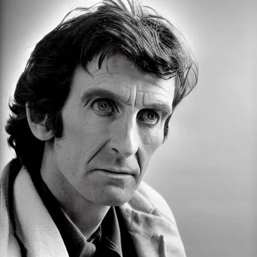 Image similar to a close - up, black & white studio photographic portrait of doctor who, dramatic backlighting, 1 9 7 3 photo from life magazine