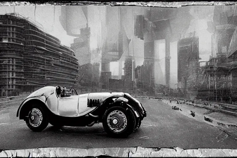 Image similar to cyberpunk 1 9 2 6 bugatti type 3 5 by paul lehr, jesper esjing, metropolis, view over city, vintage film photo, damaged photo, scratched photo, scanned in, old photobook, silent movie, black and white photo