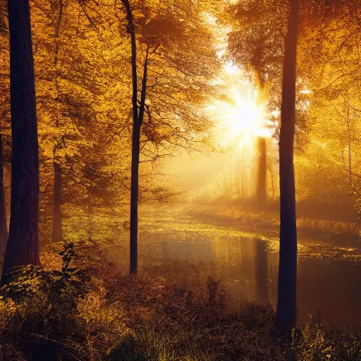Prompt: A matte painting of a river bank in a forest during the golden hour in autumn, surrounded by dust and volumetric light shining through the tree tops