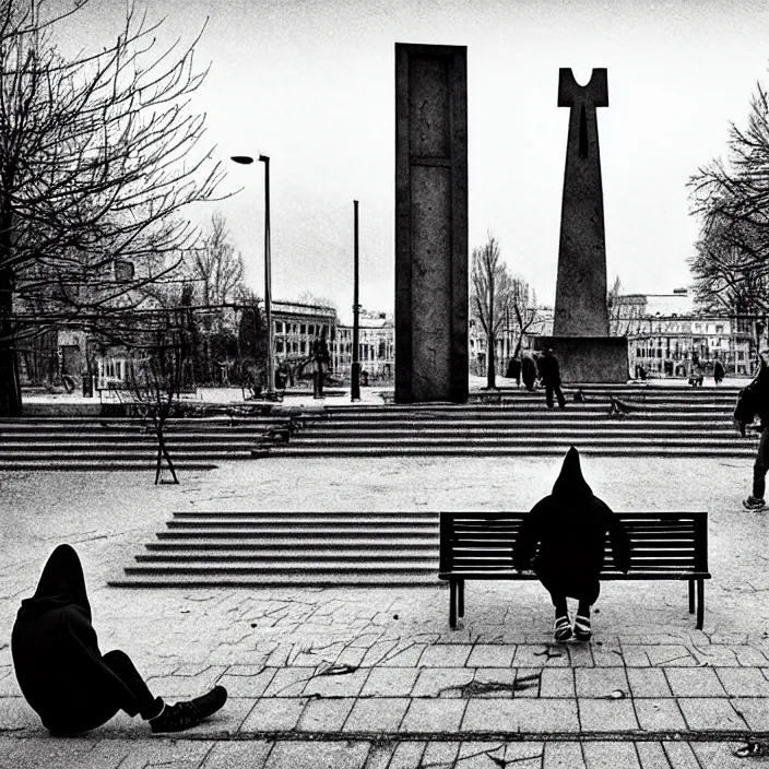 Prompt: sadie sink in hoodie sat on bench in ruined square, pedestrians walk by. background of old soviet monument and pedestrians. storyboard, scifi cyberpunk. by gabriel hardman, joe alves, chris bonura. cinematic atmosphere, detailed and intricate, perfect anatomy