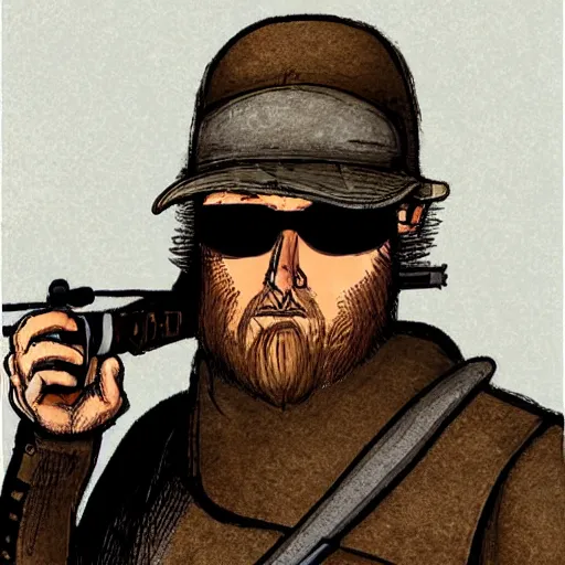 Image similar to nerdy neckbeard sniper, illustrated, detailed