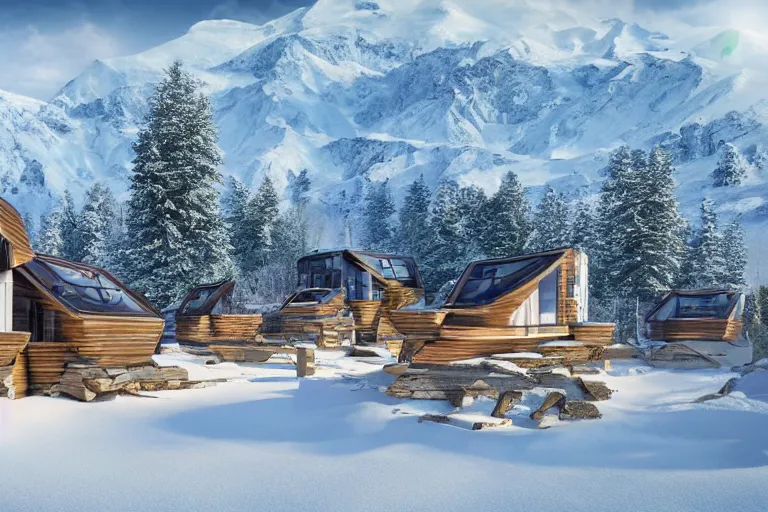 Prompt: futuristic cottage settlement with in the forest on the foot of the Elbrus mountain mountain covered by snow, architecture, matte painting, high details