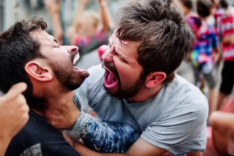 Prompt: photo of a guy screaming at a kid crying, 4k