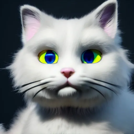 Image similar to high quality 3 d render very cute fluffy cat with big eyes highly detailed, unreal engine cinematic smooth, with rim light, low angle, uhd 8 k, sharp focus