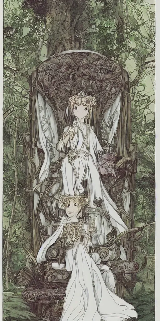 Image similar to an highly detailed magical empress sitting by herself on a sofa in a forest wearing a white robe drawn by cloverworks studio, excellent line work ,elegant and beautiful, tarot card, Tarot card the empress