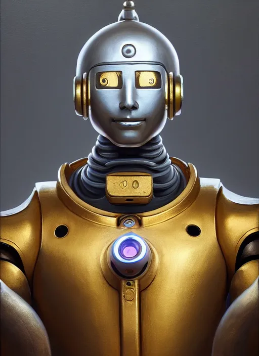 Prompt: portrait of the robot zen monk zenyatta ( overwatch ), robot made of metal gold and silver, detailed realism in painting, detailed beautiful portrait, oil painting masterpiece, 8 k resolution, smooth, sharp focus, trending on artstation, by rembrandt