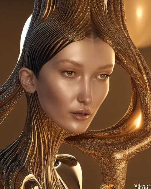 Image similar to a highly detailed metahuman 4 k close up render of an alien goddess bella hadid as alien in iris van herpen dress schiaparelli in diamonds crystals swarovski and jewelry iridescent in style of alphonse mucha gustav klimt trending on artstation made in unreal engine 4