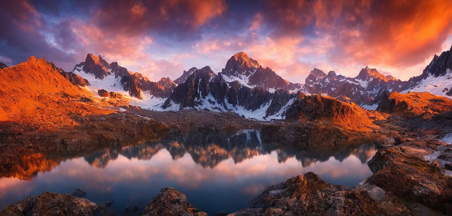 Image similar to amazing landscape photo of mountains with lake in sunset by marc adamus, beautiful dramatic lighting