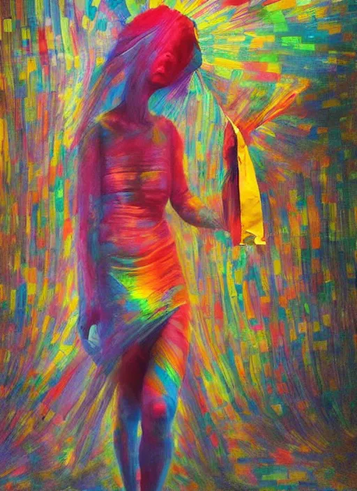Image similar to colorful rainbow woman in a translucent clothing made from plastic bag with paper bags for clothes standing inside paper bags with paper bag over the head at store display, highly detailed, artstation, art by paul lehr, edward hopper, zdislav beksinski, wayne barlowe
