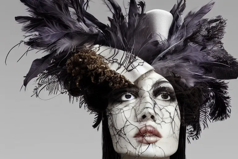 Prompt: a woman walking down a runway with a large cloudy hat on her head, a surrealist sculpture by alexander mcqueen, trending on behance, afrofuturism, made of feathers, whimsical, steampunk