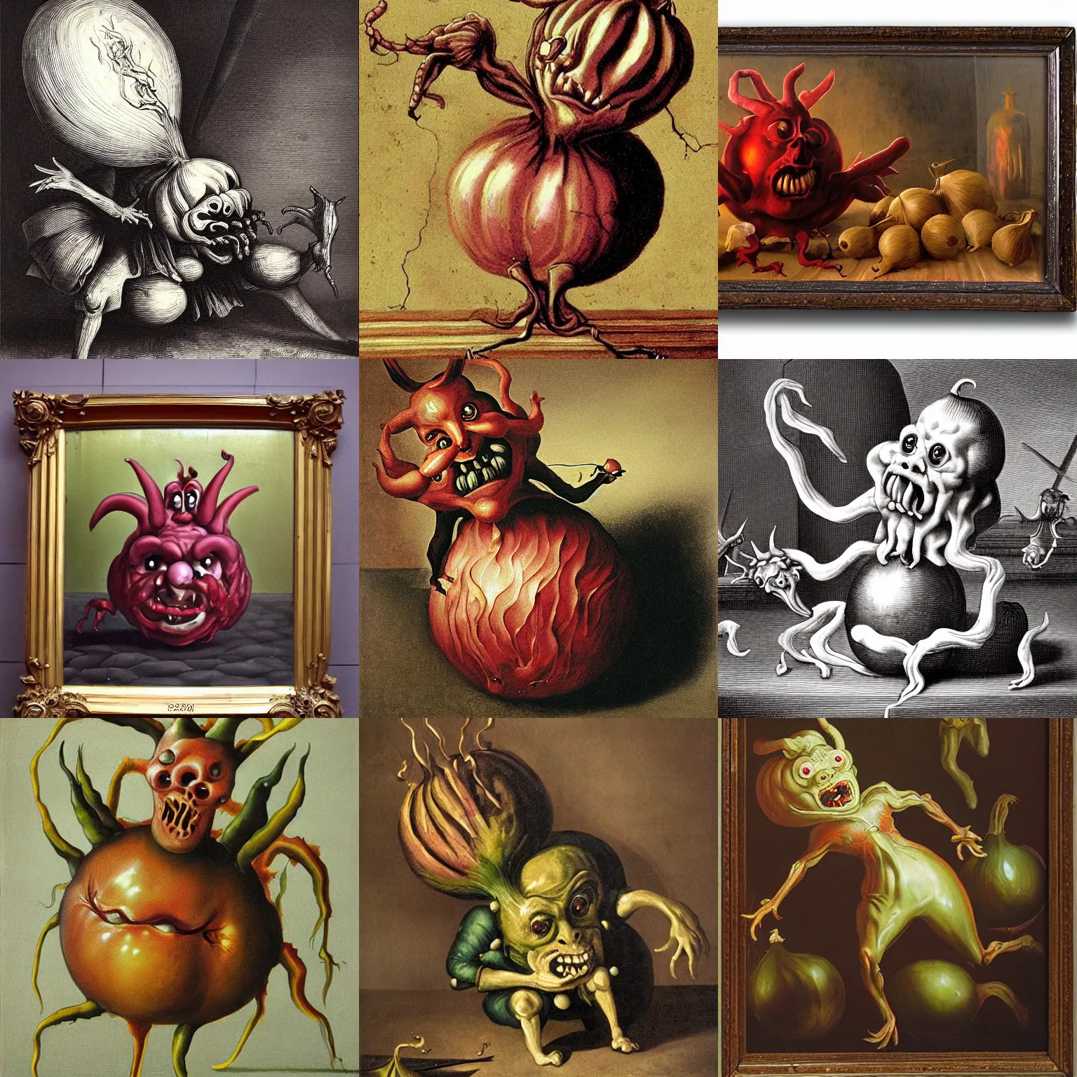 Prompt: onion devil, baroque painting, horror scene