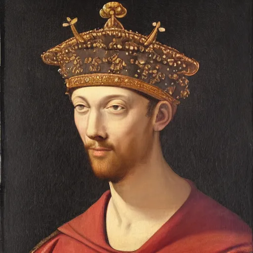 Image similar to a renaissance style portrait of Camelus dromedarius wearing a crown and a cape, dark background