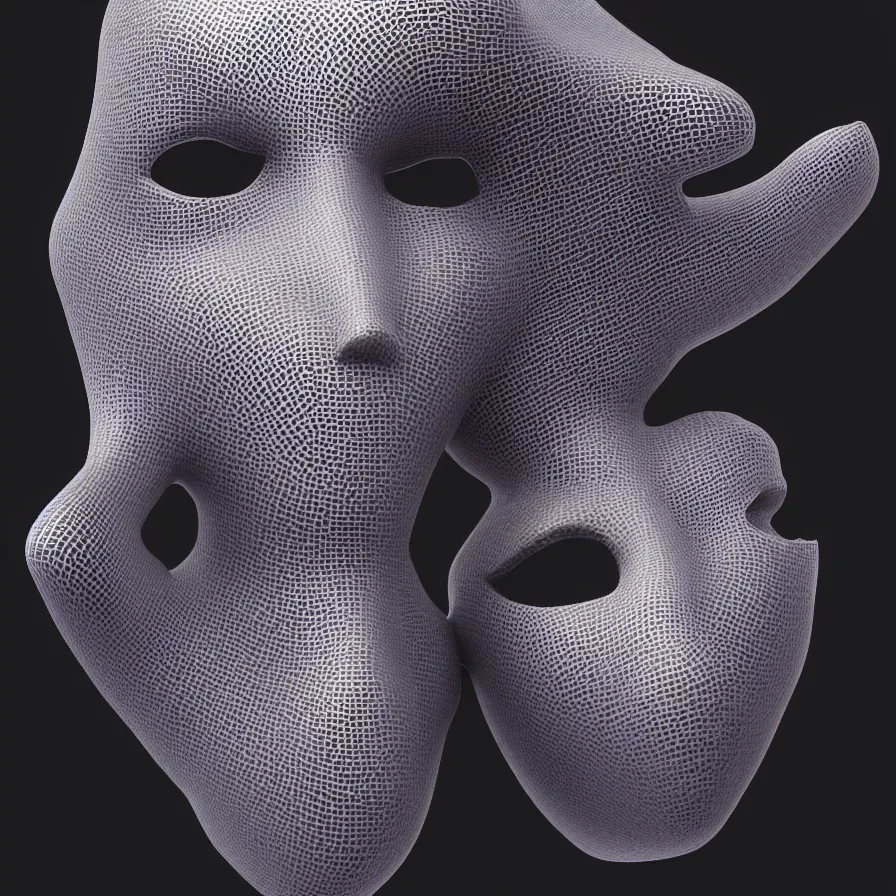 Image similar to a one woman with a futuristic mask on her face, a surrealist sculpture by alexander mcqueen, trending on pinterest, plasticien, biomorphic, made of plastic, a computer rendering by bedwyr williams, featured on zbrush central, holography, multiple exposure, glitch art, glitchy, photorealistic