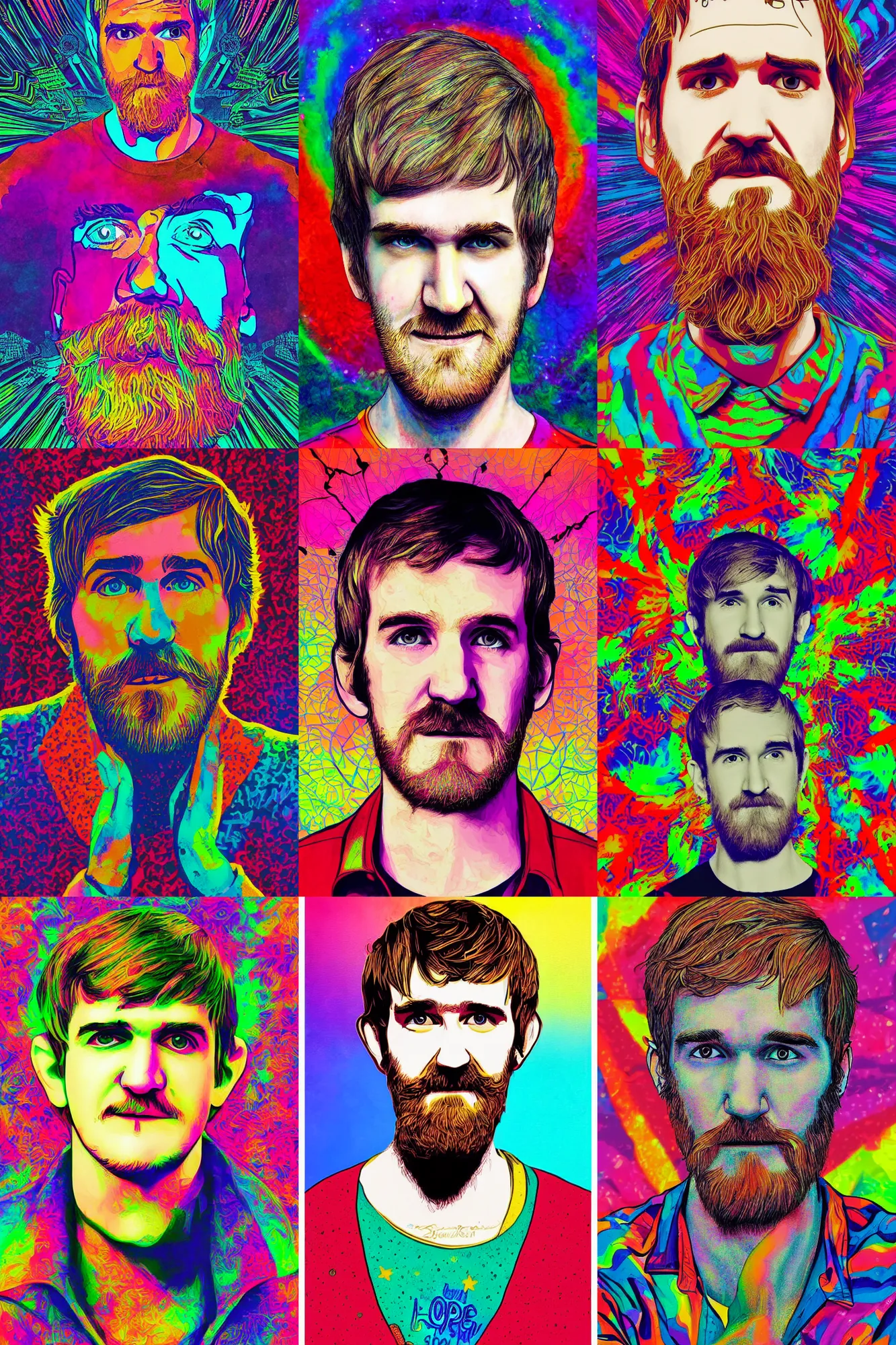 Image similar to inspirational style hope poster of bo burnham with beard, psychedelic colors, highly detailed, realistic, loving