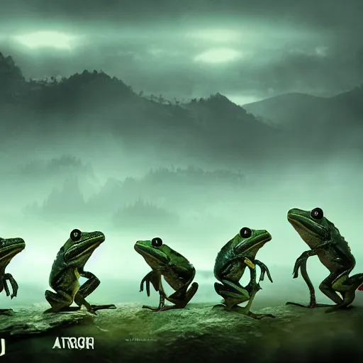 Image similar to an army of warrior horror frogs, driving tanks to war in swamp, cinematic lightning, artstation trending, matte painting, 8 k, octane, digital art
