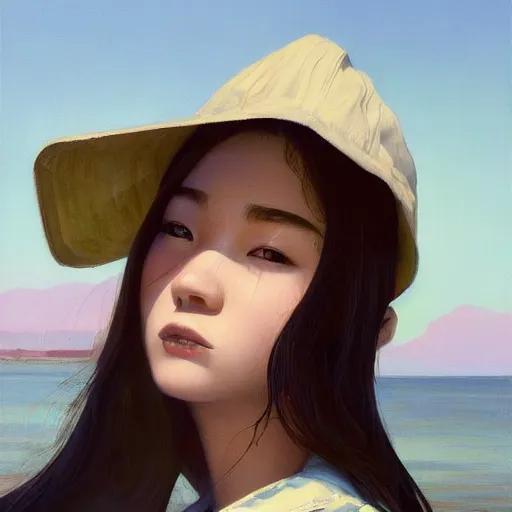 Image similar to oil painting by ilya kuvshinov,, baugh casey, artgerm craig mullins, coby whitmore, of a youthful japanese girl, long hair, fishing and wearing fisherman's outfit, fisherman's hat, highly detailed, breathtaking face, studio photography, noon, intense bounced light, water reflection, large tree casting shadow, serine intense sunlight