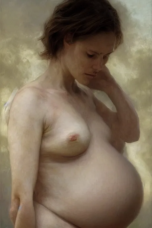 Prompt: pregnant woman in dystopia by Alyssa Monks, Bouguereau. full-shot, hyper realism, realistic proportions, dramatic lighting, high detail 4k