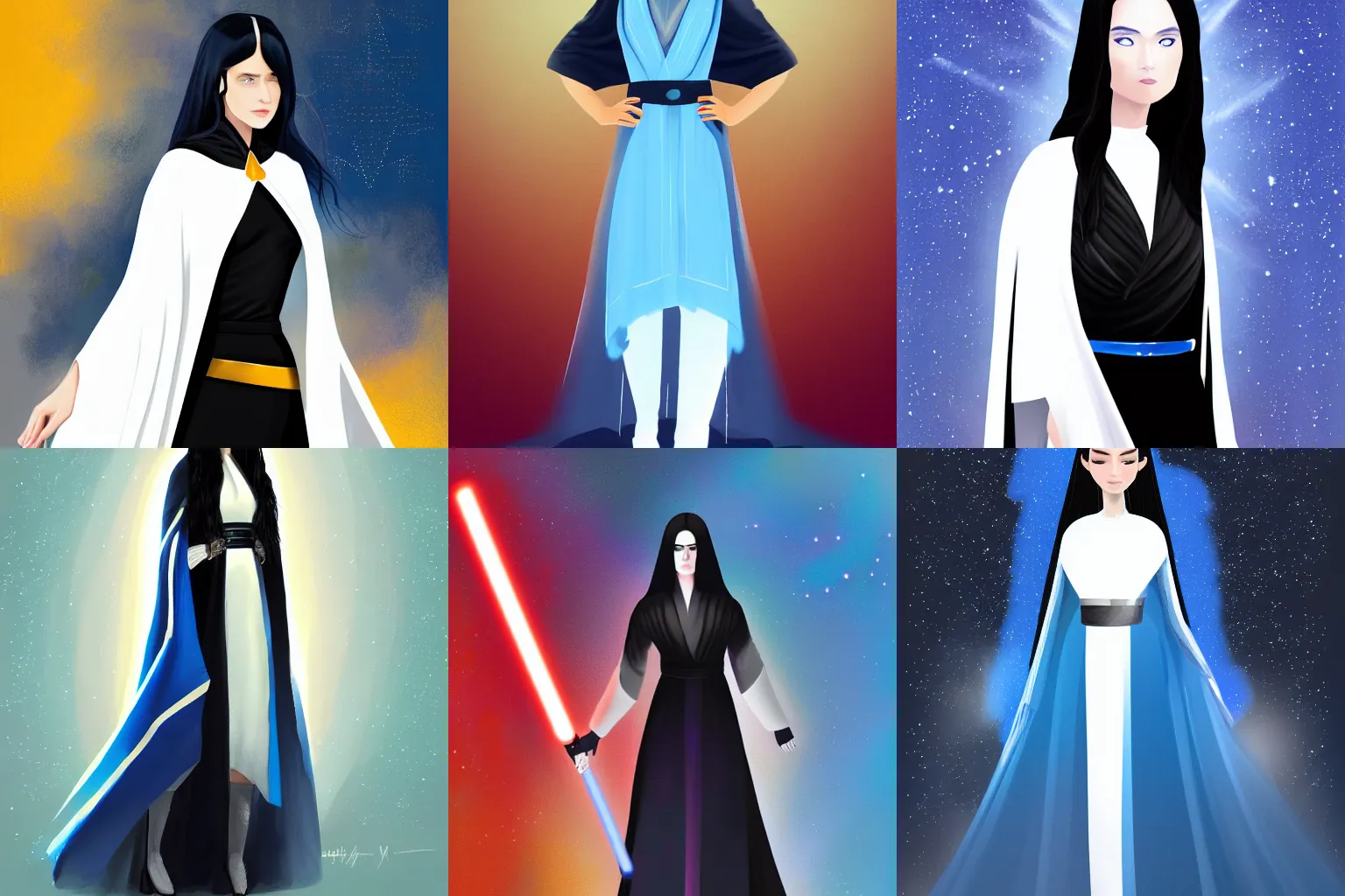 Prompt: A digital painting of a woman with long black hair in a white dress with a blue cape and a blue background with stars, inspired by Star Wars, The Last Jedi, Artstation