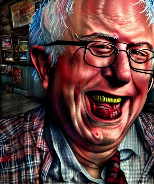 Image similar to hyperrealistic mixed media painting of Bernie Sanders as a laughing drunk, tattered plaid shirt, dimly lit dive bar, stunning 3d render inspired art by P. Craig Russell and Barry Windsor-Smith + perfect facial symmetry + dim volumetric lighting, 8k octane beautifully detailed render, post-processing, extremely hyperdetailed, intricate, epic composition, grim yet sparkling atmosphere, cinematic lighting + masterpiece, trending on artstation, very very detailed, masterpiece, stunning