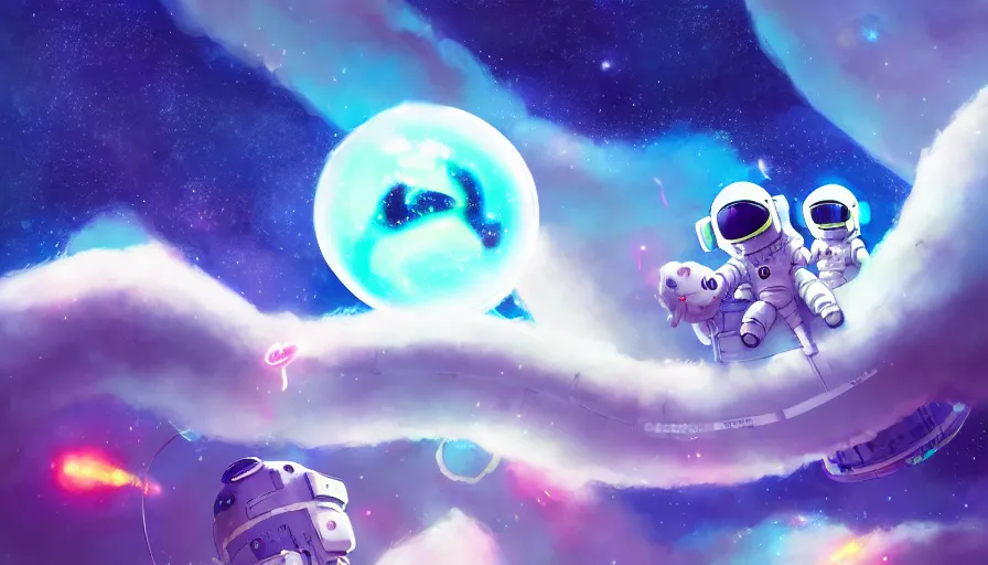 Image similar to a still of a cute kawaii astronaut android riding a large neon kaiju dragon, a detailed and dynamic outer space bsckground, a dramatic composition by wlop and greg rutkowski and makoto shinkai and studio ghibli and kyoto animation cute bubbly clothing, highly detailed, digital painting, matte