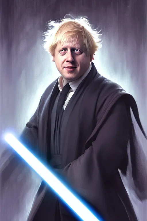 Image similar to Boris Johnson as a Jedi from Star Wars, Union Jack light saber, realistic portrait, symmetrical, highly detailed, digital painting, artstation, concept art, smooth, sharp focus, illustration, cinematic lighting, art by artgerm and greg rutkowski and alphonse mucha