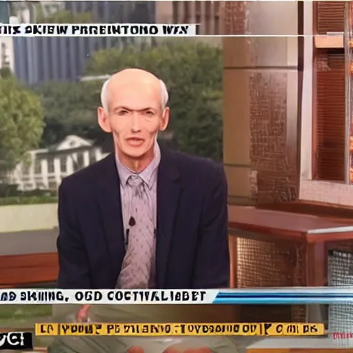 Prompt: the skinniest man alive, still from television interview on news channel