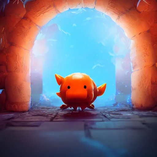 Prompt: orange cute spirit axie pet behind a acoustic waves barrier, fantasy, style artstation, style greg rutkowsk, octane render, unreal engine 6, epic game graphics, fantasy, conceptual art, ray tracing