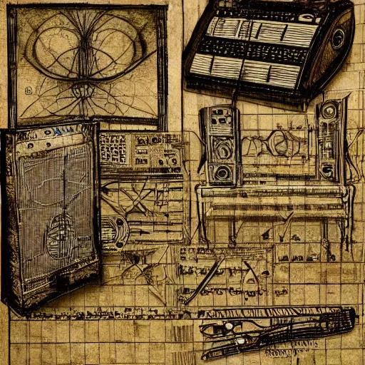 Prompt: electronic music instrument, music scores, da vinci, notebook page, high detail, intricate writing