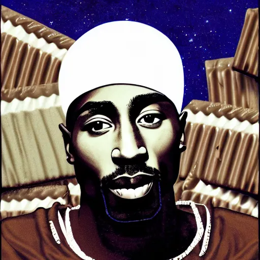 Image similar to tupac eating chocolate bar in the moonlight at night, digital art