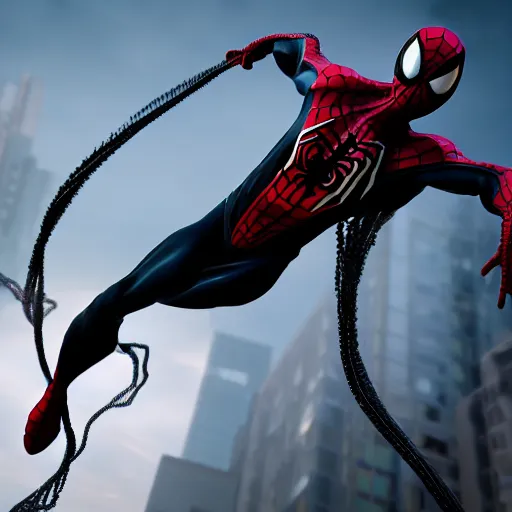 Image similar to a single venom and spider - man hybrid, dslr, cinematic, volumetric lighting, 8 k resolution, photorealistic