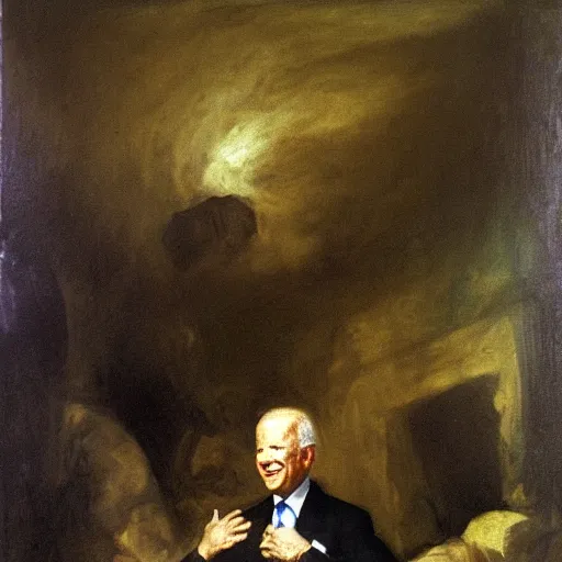 Prompt: president biden emerging from an underground white house, francisco goya oil painting