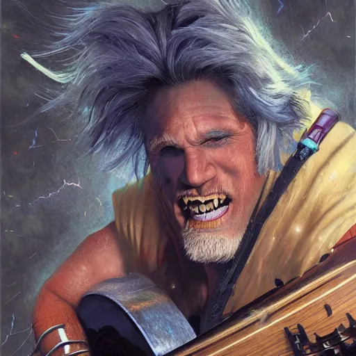 Prompt: detailed photo of a Half-orc bard portrayed by the gigachad Gary Busey with a lute, 8k,by Tristan Eaton, Stanley Artgermm, Tom Bagshaw, Greg Rutkowski, Carne Griffiths, trending on DeviantArt, face enhance, hyper detailed ,full of color, dramatic lightning, epic stance