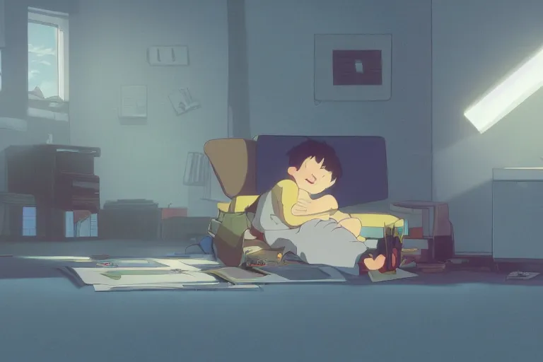 Prompt: a boy sleeping in front of a computer desk, medium shot, waist up, studio ghibli, pixar and disney animation, sharp, rendered in unreal engine 5, anime key art by greg rutkowski, bloom, dramatic lighting