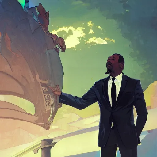 Prompt: black businessman talking against a green screen backdrop, digital painting, artstation, smooth, sharp focus, illustration, art by artgerm and greg rutkowski and alphonse mucha