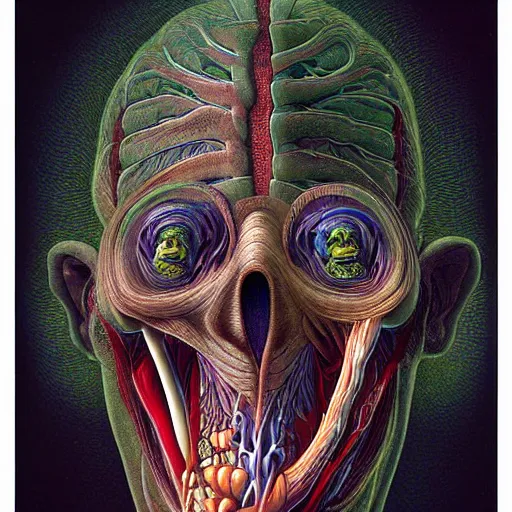 Image similar to nightmare etherreal iridescent vascular nerve bundles pearlescent spinal chord horror by naoto hattori, zdzislaw, norman rockwell, studio ghibli, anatomical cutaway