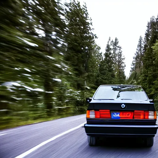 Image similar to a rear shot of a modified bmw e 3 0 with lights on a mountain road, motion blur, 3 5 mm photography, car photography, clean lines, realistic