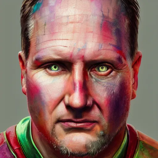 Image similar to realistic Portrait painting of Kevin Feige as Homelander, made by Michaelangelo, physical painting, Sharp focus,digital art, bright colors,fine art, trending on Artstation, unreal engine.