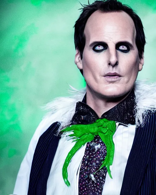 Image similar to Will Arnett as Beetlejuice, white makeup, green hair, cinematic lighting, 4k photograph