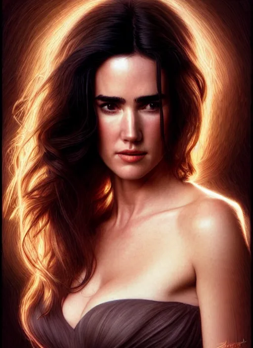 Image similar to a gorgeous young jennifer connelly with long soft hair in the style of stefan kostic, realistic, full body shot, wide angle, sharp focus, 8 k high definition, insanely detailed, intricate, elegant, art by stanley lau and artgerm, floating embers